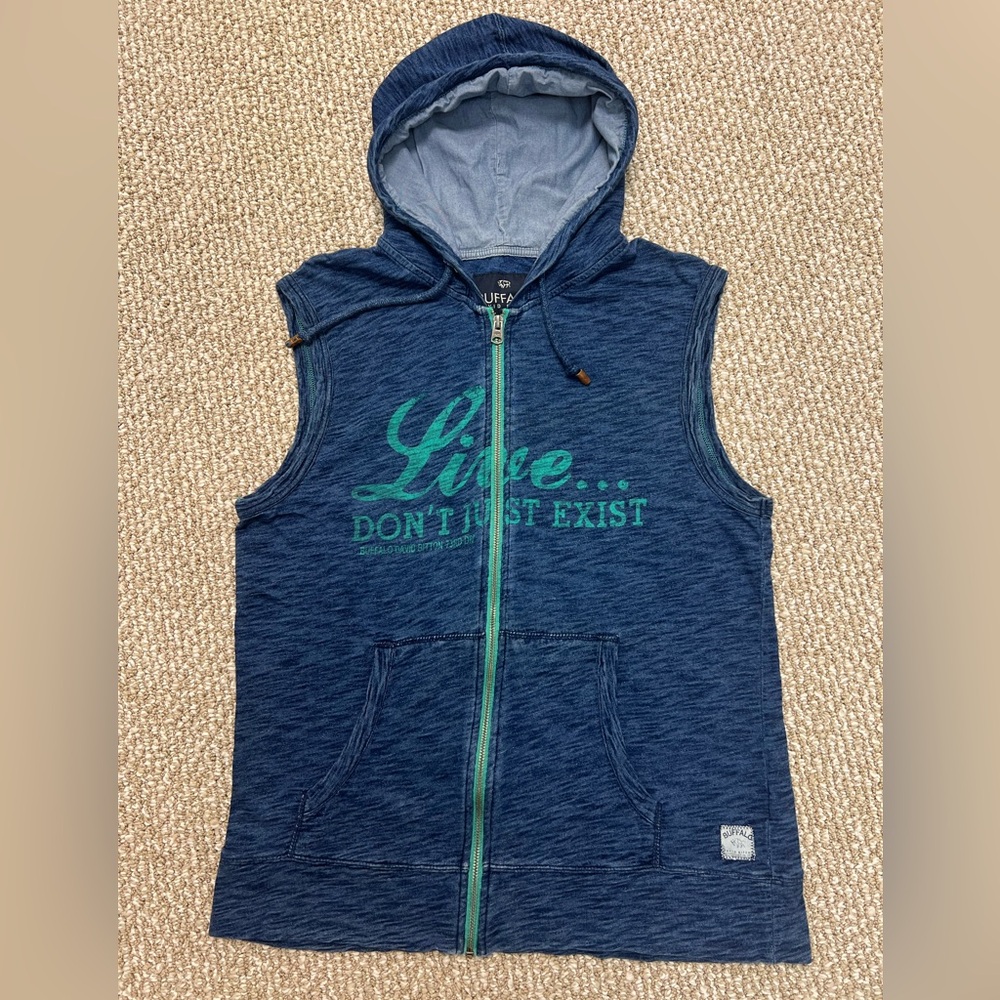 Buffalo David Bitton Blue sleaveless Hoodie with Green Accents Sz L/G
